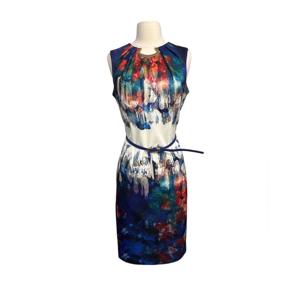 Joseph Ribkoff Watercolor Blue Red Abstract Sleeveless Sheath Dress With Belt